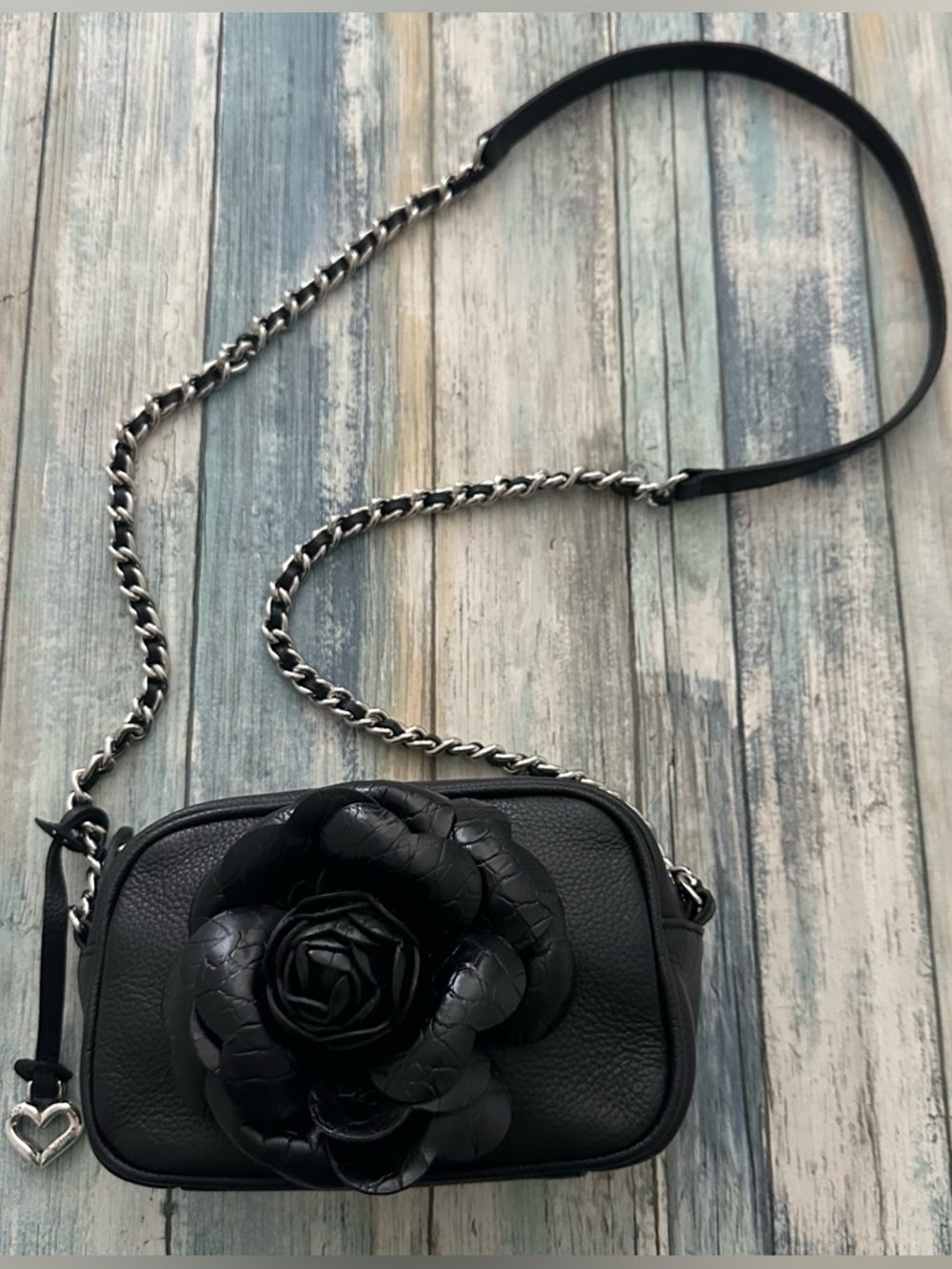 Brighton Rosie Mini Camera Bag Leather 3D Flower Crossbody Purse Black
